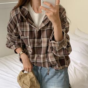 여성 가을 코튼 남방 체크 후드 셔츠 후드셔츠 후드남방 모자셔츠 체크셔츠 가을셔츠