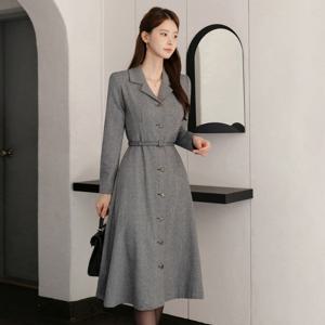 (~XXL까지) 로네다 헤링본 플레어 벨트 원피스 겨울 하객룩 오피스룩 모임룩 격식룩 연말룩 빅사이즈