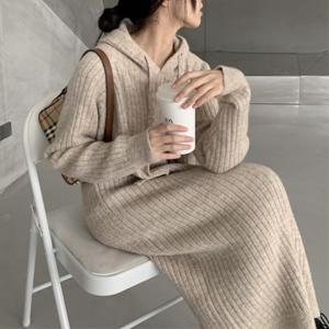 [브리치]  / NO650 골지 긴팔 후드 니트 원피스