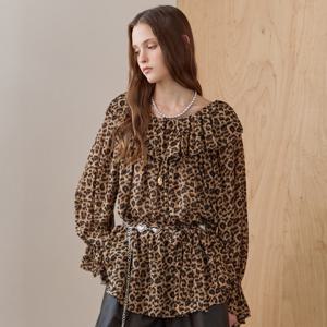 레오파드 러플 네크라인 쉬폰 블라우스