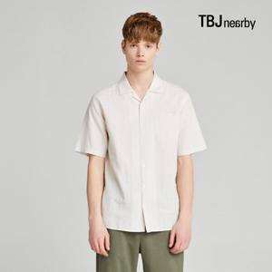 남성 5부 코튼린넨 루즈핏 쿠반카라 스트라이프 셔츠(T202SH310P)