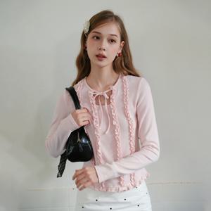 [11월27일 예약배송] Cest_Ruffle lace ribbon long sleeve top