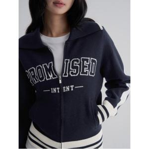 레터링 집업 카디건  네이비