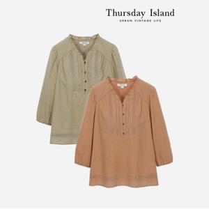 [Thursday Island] 레이스 콤비 브이넥 블라우스(T236MBL133W)