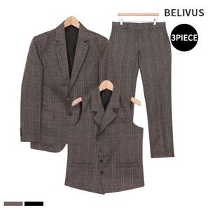 [하프클럽/빌리버스]빌리버스 남자 스리피스 셋업 BIT045 남성 카라 베스트 체크 슬랙스 자켓 수트 세트