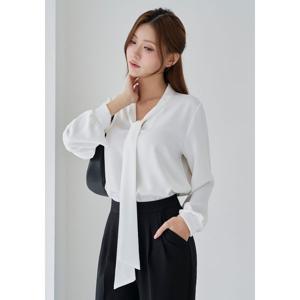 [하프클럽] 하얀색 긴팔 롱 타이 블라우스 리본 V넥 루즈핏 노카라 베이직