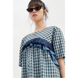 [최초가 348,000원] Denim Frill Check Short Sleeve Blouse_LFSAA24140BUX