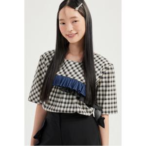 [최초가 348,000원] Denim Frill Check Short Sleeve Blouse LFSAA24140BEX