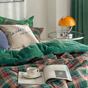 따뜻한 홀리데이 그린체크 극세사 차렵이불세트 SS
