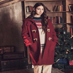 헤지스 여성 [[24FW]] HSCO4D105R2 [울100%] 레드 후드 더플 롱 코트