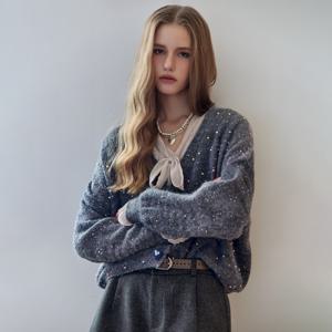 팝컬러 진주 스팽글 헤어리 브이넥 가디건