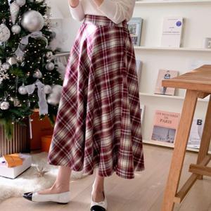 [하프클럽] 여자 크리스마스 발레코어룩 체크 플레어 롱스커트