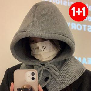 1+1 니트 넥워머 후드 겨울 바라클라바 여성 단추 후드넥워머 모자 머플러 목도리 방한용품 여자 마스크