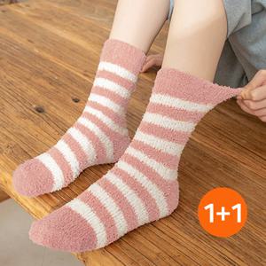 1+1 줄무늬 극세사 수면양말 남여공용 겨울 두꺼운 양말 보온 방한 임산부 수족냉증
