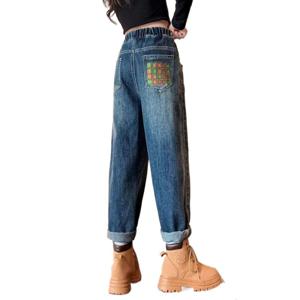 여아 청바지 중 대아 양기 아버지 바지 겉옷 일체 기모 봄 가을 어린이 캐주얼 탄력 바지