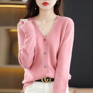 여성 브이넥 니트 가디건 빅사이즈 부드러운 캐시미어 크롭 루즈핏 숏 봄 가을 간절기