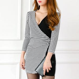 배색 체크 브이넥 미니 섹시원피스 클럽 원피스_OPS19