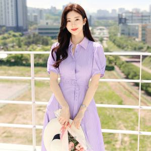 [시크라인] 라일락 벌룬소매 스트라이프 셔츠 원피스