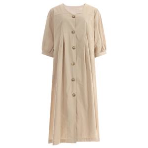 로렌 여성 루즈 핏 면 반팔 주름 원피스 JL-WDR-1442-연베이지