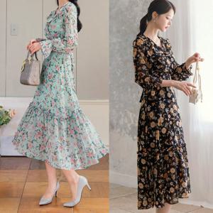 [시크라인] 페레라 러플 서플리스 넥 플로랄 쉬폰 원피스