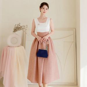 [시크라인] 아련나래 새틴 배색 트위드 어깨 치마 원피스