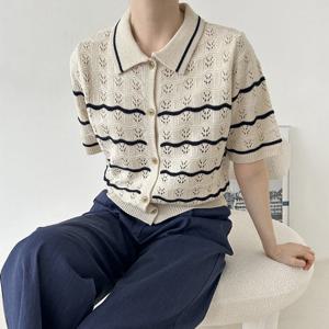 국산 여성 펀칭 단가라 반팔 니트가디건 21DS-WCD-3034-핑크