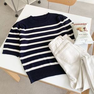 샵앤) 여성 배색 단가라 반팔 니트 티셔츠 BONG-WKN-3167-네이비