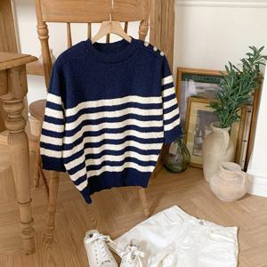 샵앤) 메탈루프 여성 단가라 반팔 니트티 DGB-WKN-3179-네이비