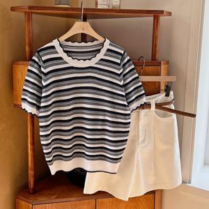 샵앤) 라온 레이스 여름 여성 반팔 니트티 JR-WKN-3455-네이비