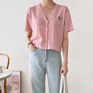 샵앤) 더블하트단추 크롭 반팔니트 가디건 21DS-WCD-3508-화이트