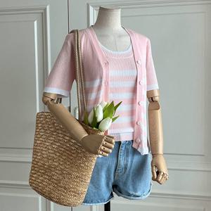 샵앤) 럽미 밑단프릴 단가라 반팔 니트 가디건 JR-WCD-3519-핑크