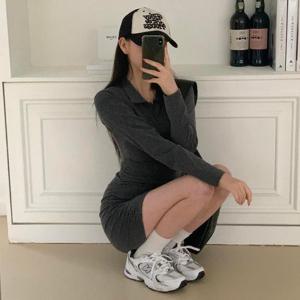 느리잰 여성 슬림핏 옆 롱슬리브 스프링 주름디테일 미니원피스