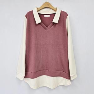 빅사이즈 411 리플브이카라배색긴팔티 DBST251