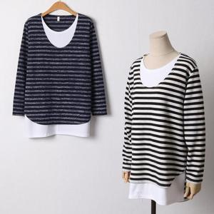 빅사이즈 412 이중배색줄지롱티셔츠 DMNF543