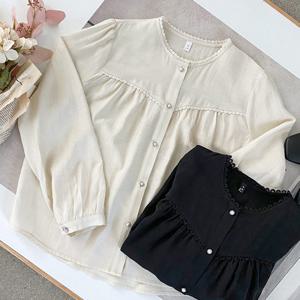 샵앤) 국산 여성 레이스 라운드넥 진주 단추 러블리 블라우스 REI-WBL-4271-베이지