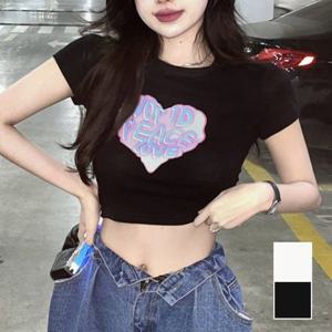 여성 하트 영문 프린팅 크롭 반팔티 ORD-207