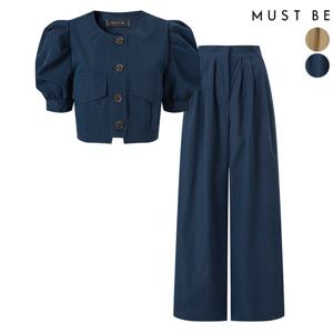 [머스트비] 여성 퍼프소매 크롭자켓 뒷밴딩 와이드팬츠 셋업