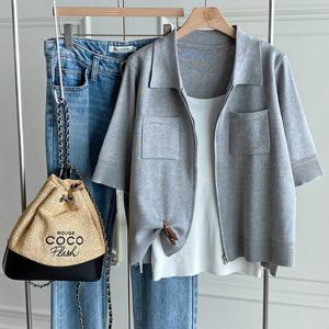 샵앤) 여성 카라 포켓 반팔 니트 집업 가디건 DGB-WCD-4311-그레이