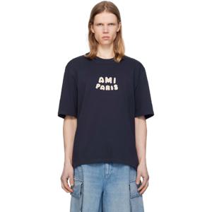 AMI Paris 티셔츠 네이비 아미 파리 코튼 패치 티셔츠 251482M213018