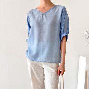 샵앤) 여성 V넥 시스루 셔링 반팔 데일리 블라우스 CAT-WBL-4413-네이비