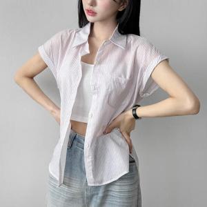 아트박스/라이니 스트라이프 롤업 박시 반팔 셔츠 to-2505c