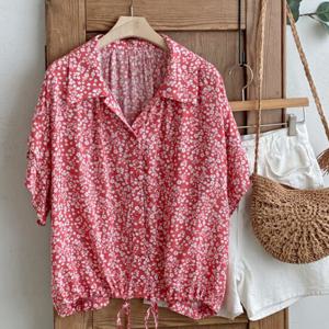 샵앤) 여성 카라넥 빈티지 꽃무늬 반팔 블라우스 BONG-WBL-4512-레드