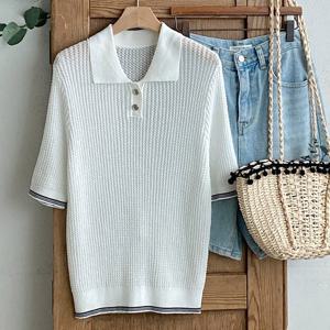 샵앤) 여성 카라넥 골지 투버튼 베이직 반팔 니트티 DGB-WKN-4554-아이보리