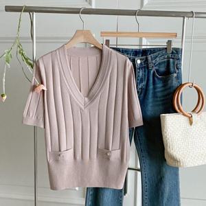 샵앤) 여성 V넥 레이어드 앞단추 포인트 왕골 반팔 니트티 BONG-WKN-4497-베이지