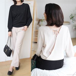 [쉬즈마담]T57270 샤인보석 뒷리본 이중랩 블라우스 60대엄마옷