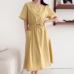 샵앤) 여성 스퀘어넥 허리조절 빅포킷 데일리 반팔 롱원피스 CAT-WDR-4640-옐로우