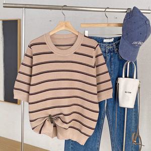 샵앤) 여성 라운드 단가라 잔가로줄 캐주얼 반팔 니트티 DGB-WKN-4729-베이지