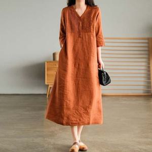 여성상의 4컬러 코튼 면 린넨 여성 7부 소매 롱 원피스 MA8230