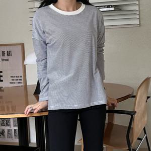 샵앤) 국산 라운드 여성 1mm 단가라 잔줄무늬 긴팔티 LL-WSH-4828-아이보리