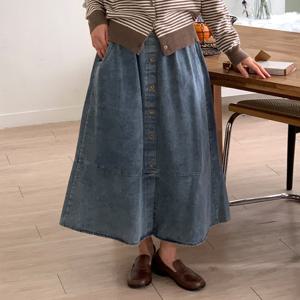 샵앤) 여성 허리밴딩 앞트임 버튼 절개 데님 롱스커트 21DS-WSK-4913-진청